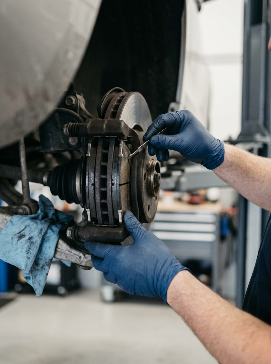 Brake rotor and pad inspection during BMW service at America Auto Repair in Doral, FL