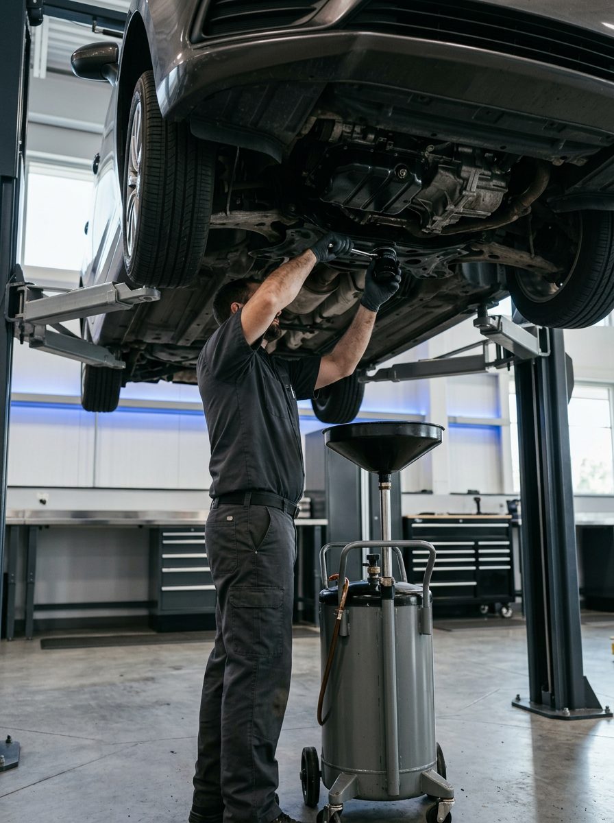 Technician performing Mercedes-Benz oil service at America Auto Repair in Doral, FL