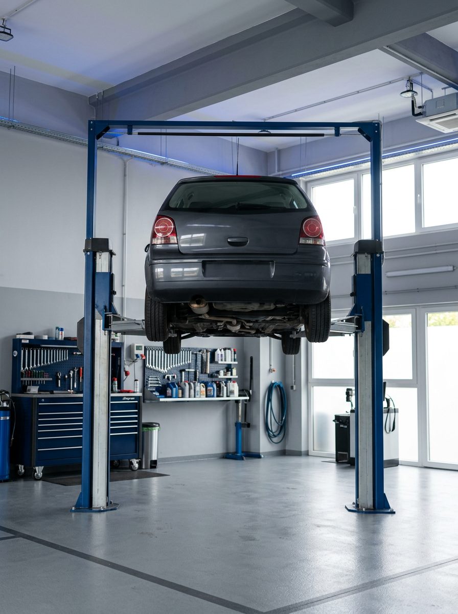 Compact hatchback raised on a lift during MINI service at America Auto Repair in Doral, FL