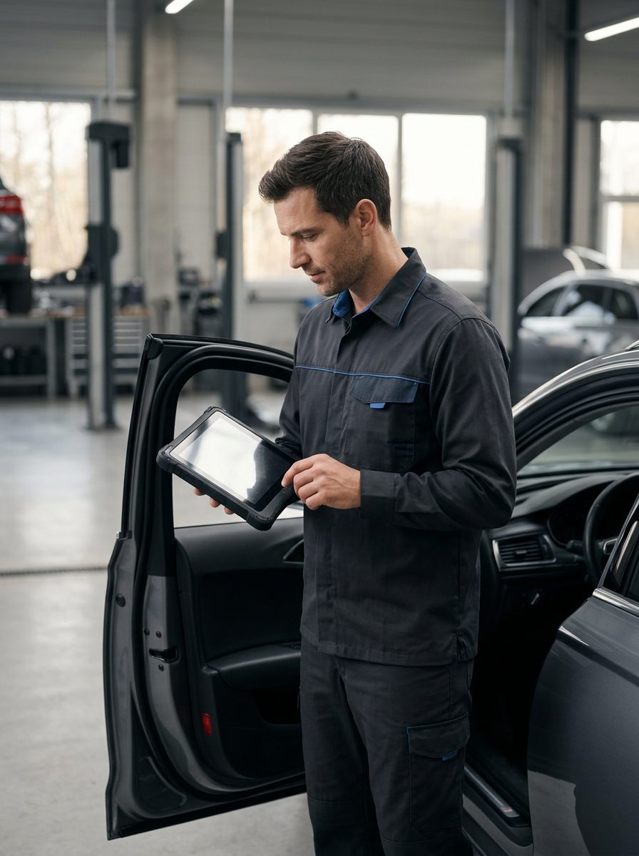 Technician running a diagnostic check during Porsche service at America Auto Repair in Doral, FL